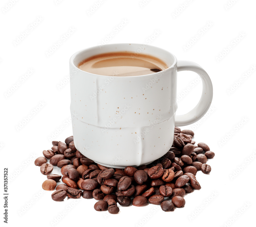 Cup of hot coffee on white background