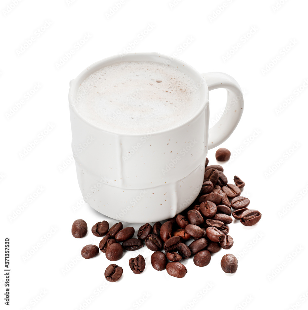 Cup of hot coffee on white background