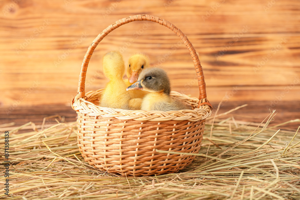 Cute ducklings in basket on wooden background