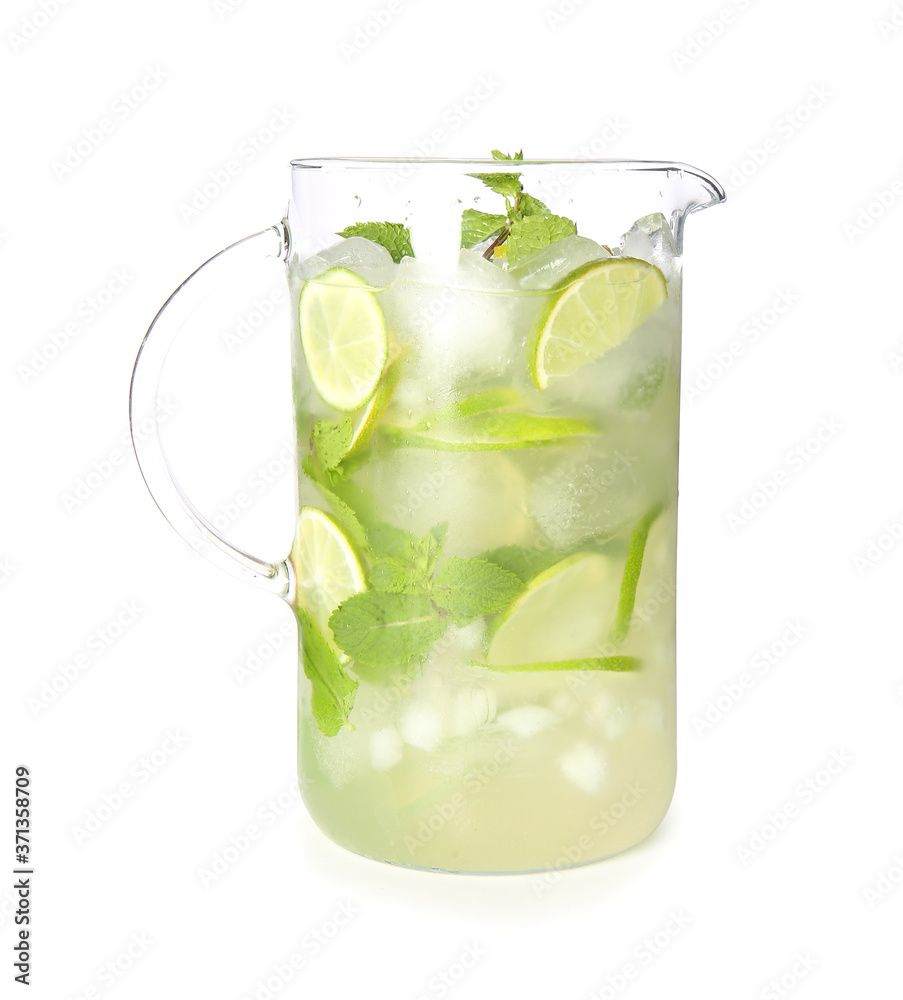 Jug of fresh mojito on white background