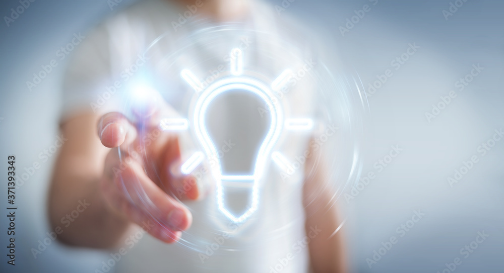 Man using lightbulb neon digital interface 3D rendering