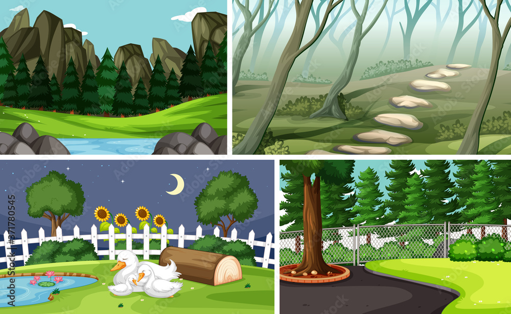 Four different scenes in nature setting cartoon style