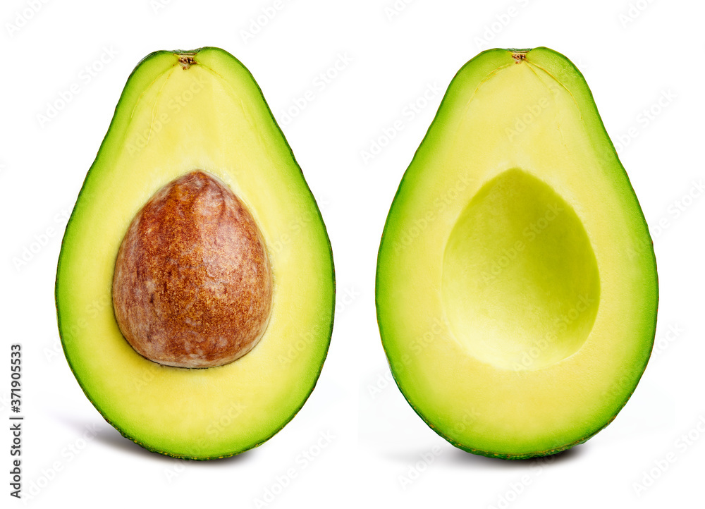 Avocado isolated on white background. Avocado fruit clipping path. Avocado half macro studio photo