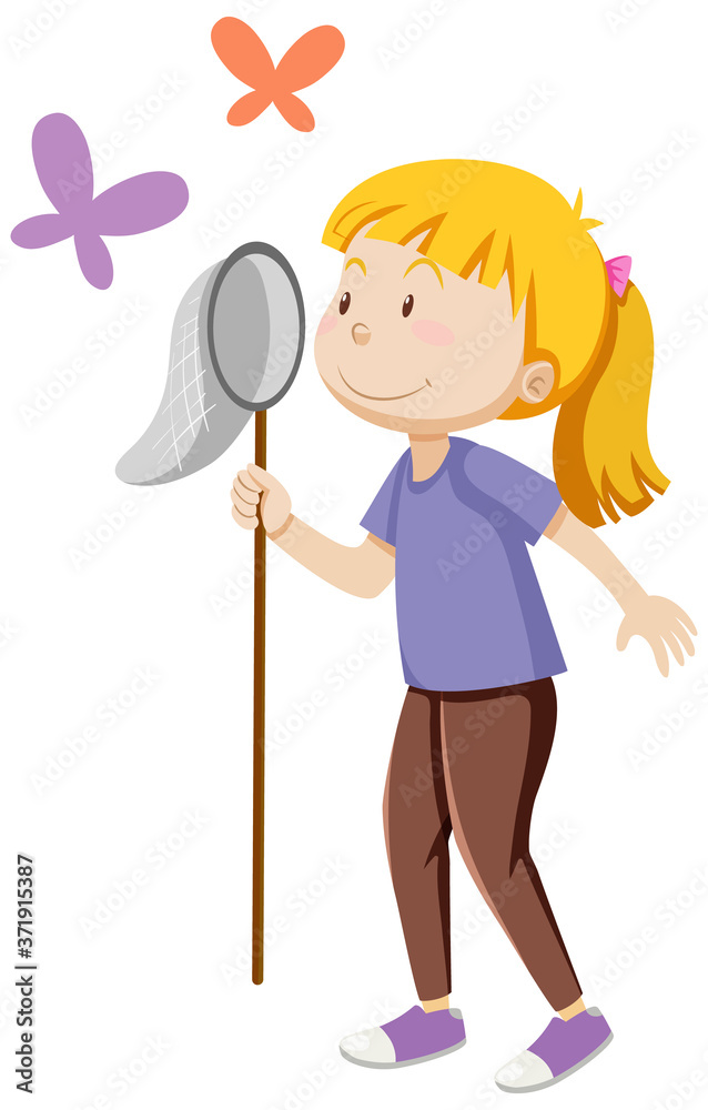 A girl holding insect catching in standing posing with some butterfies cartoon isolated