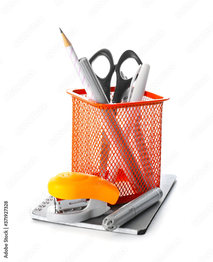 Set of school stationery on white background