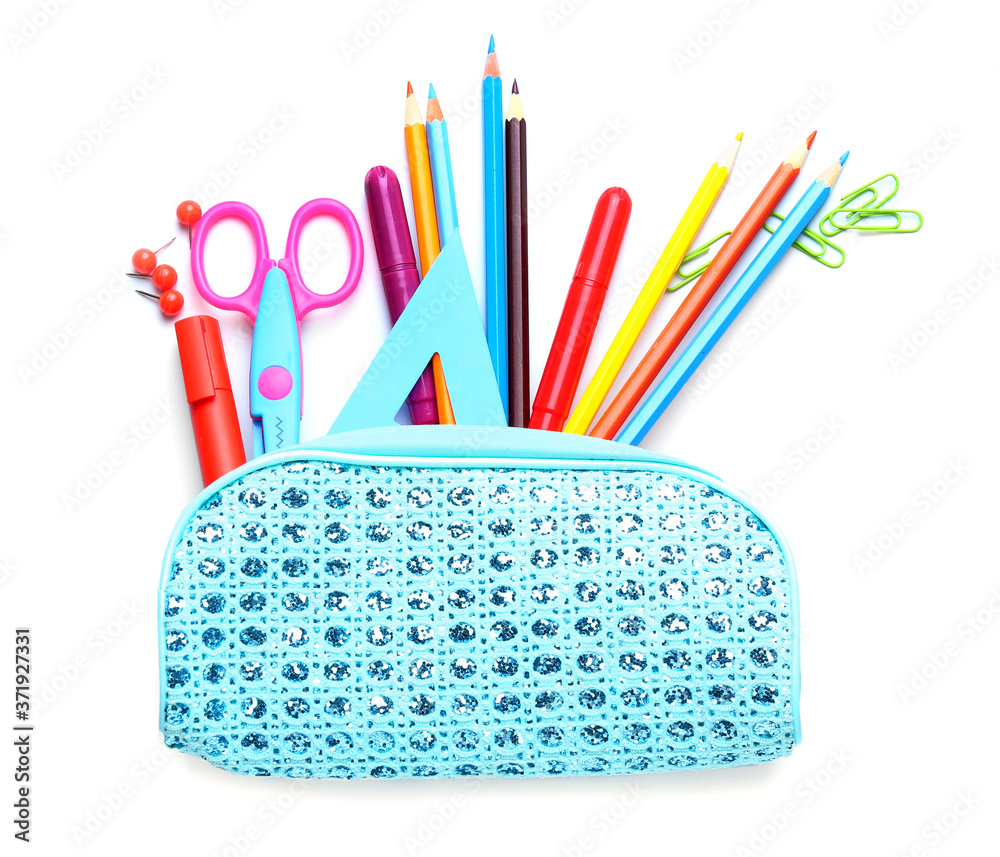 Set of school stationery on white background