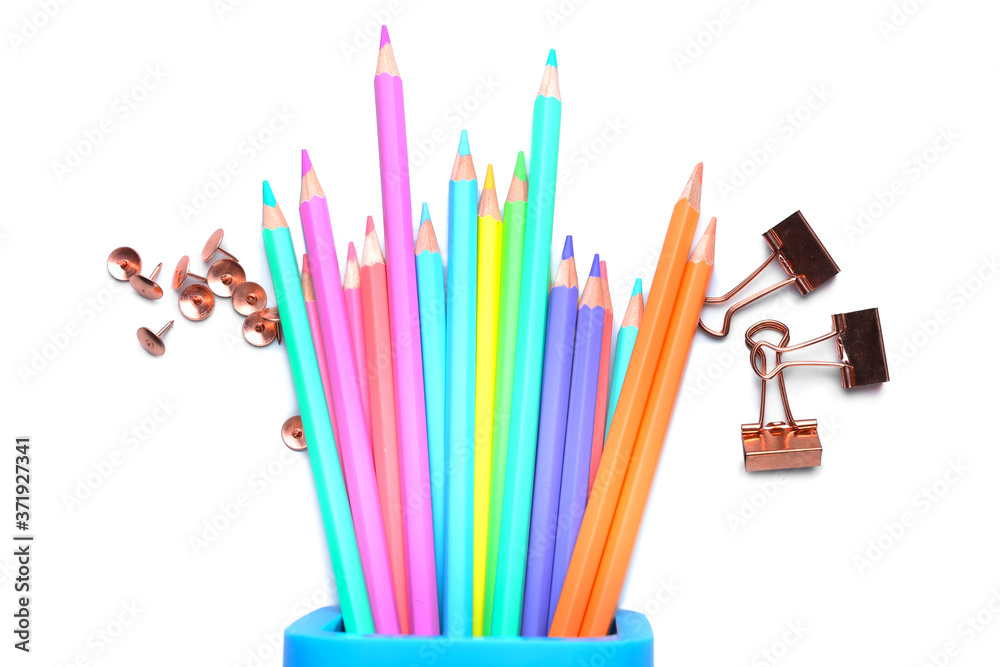 Set of school stationery on white background