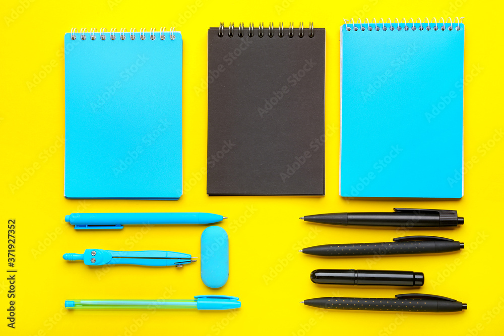 Set of school stationery on color background