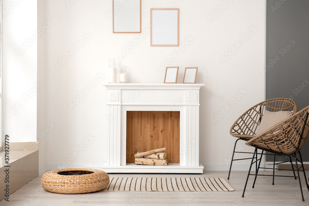 Interior of modern room with fireplace