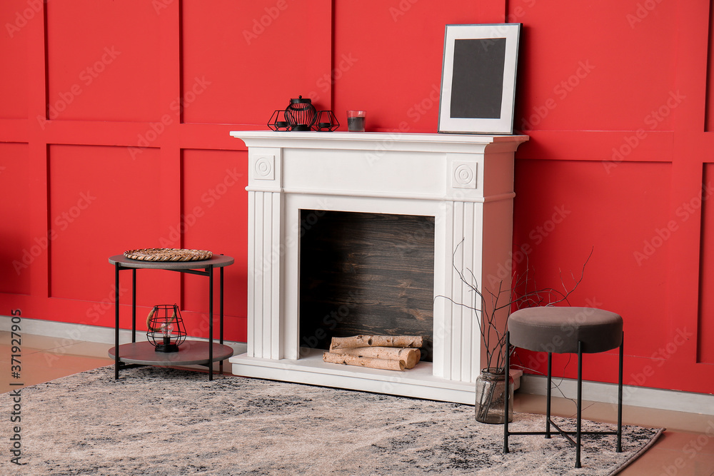 Interior of modern room with fireplace