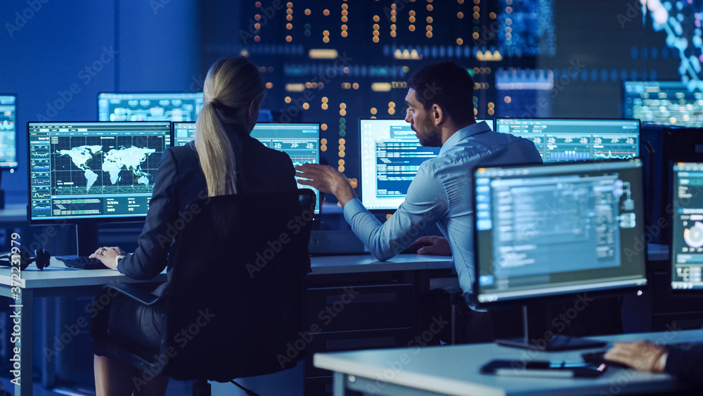 Confident Female Data Scientist Works Closely to her Young Colleague in Big Control and Monitoring R