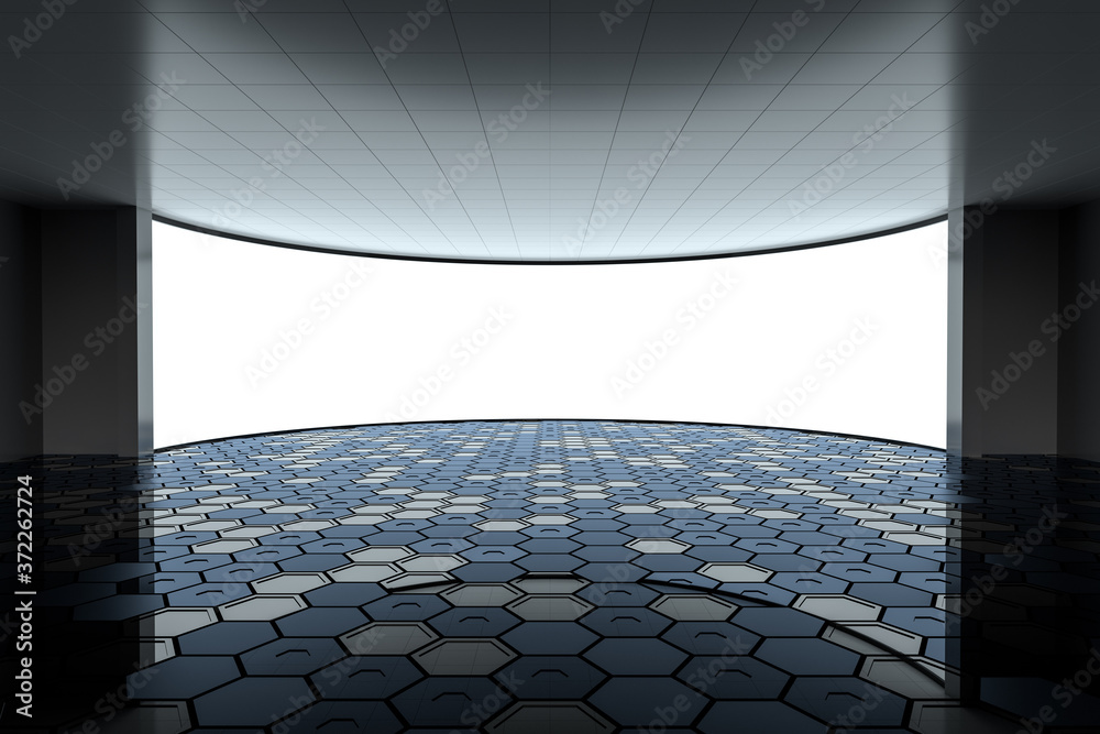 Empty round room with glowing white screen, 3d rendering.