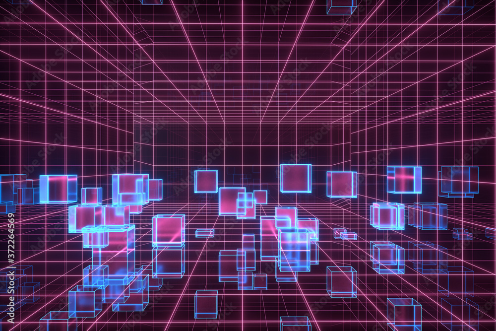 具有几何立方体的网络空间隧道，三维渲染。
