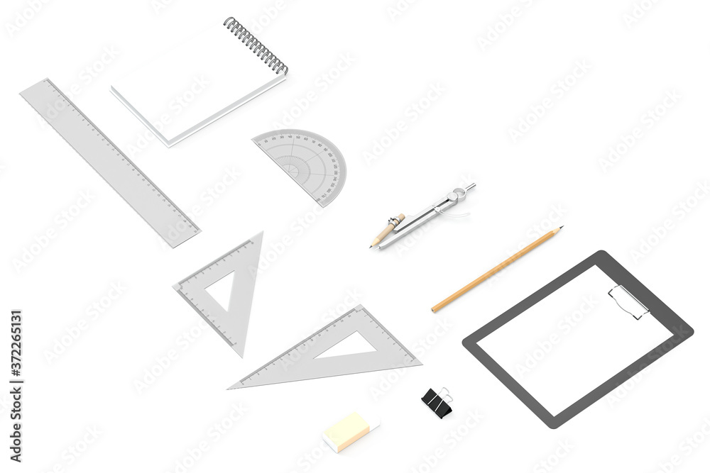 Various of stationery with white background, 3d rendering.