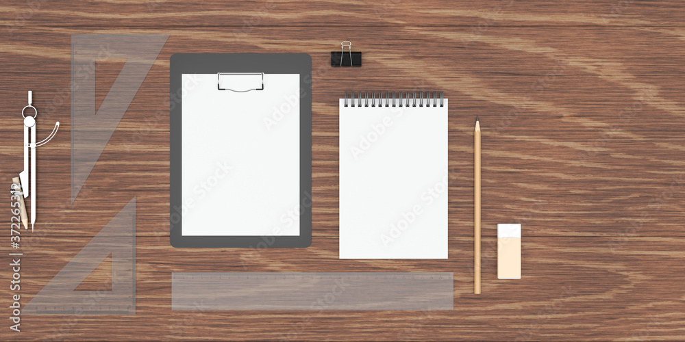 Various of stationery with wooden background, 3d rendering.