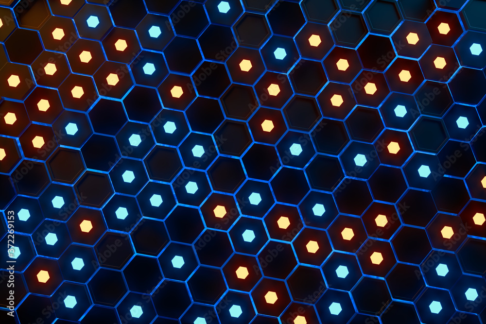 Glowing hexagonal cubes background, hi-tech cyberspace, 3d rendering.