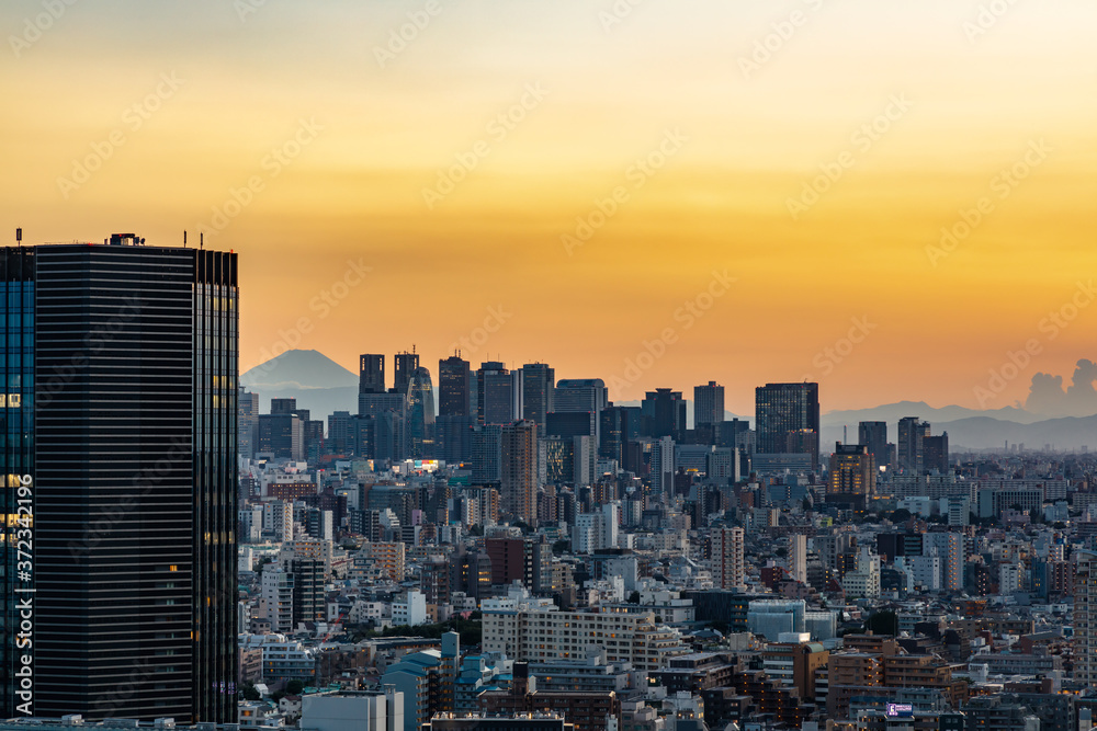 夕暮れの光が綺麗な高層ビル群と空