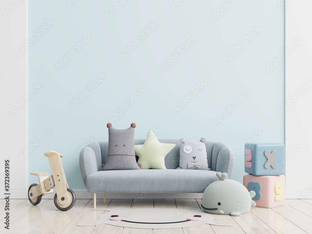 Blue sofa and doll,cute pillows in elegant childs room with mockup wall.