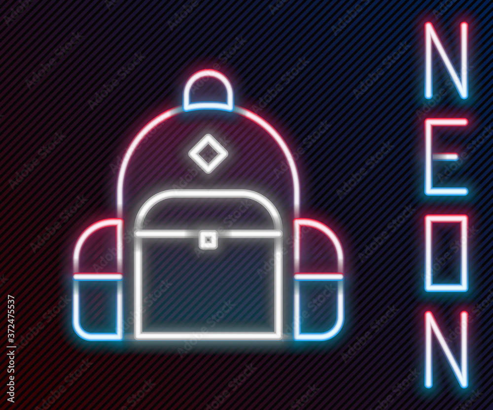 Glowing neon line Hiking backpack icon isolated on black background. Camping and mountain exploring 