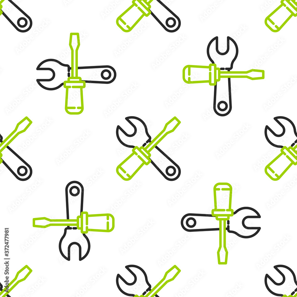 Line Screwdriver and wrench spanner tools icon isolated seamless pattern on white background. Servic