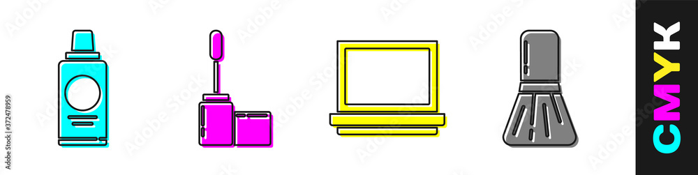 套装一瓶洗发水、睫毛刷、带镜子的化妆粉和化妆刷图标。矢量。