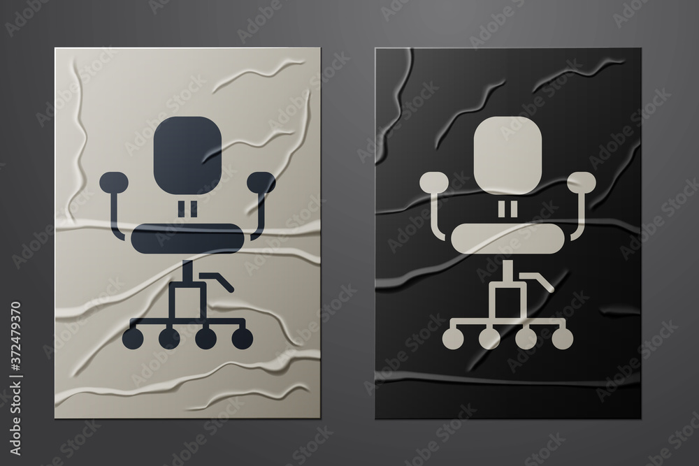 White Office chair icon isolated on crumpled paper background. Paper art style. Vector Illustration.