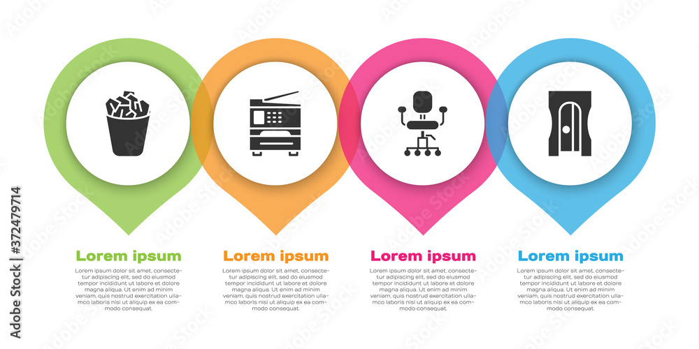 设置完整的垃圾桶、打印机、办公椅和卷笔刀。商业信息图模板。Vecto