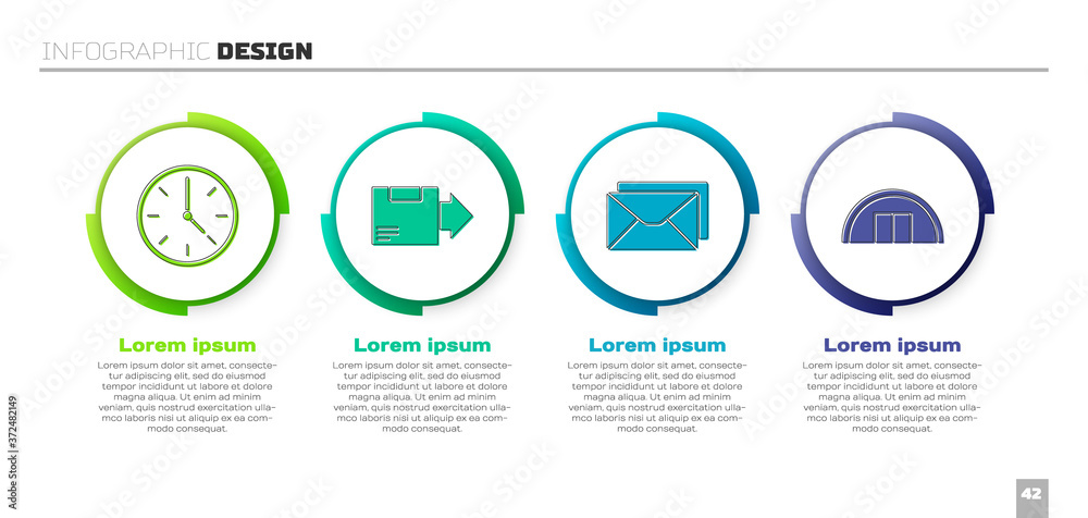 设置时钟，纸箱，信封和仓库。商业信息图模板。矢量。