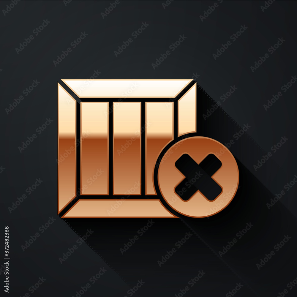 Gold Wooden box and delete icon isolated on black background. Box, package, parcel sign. Delivery an