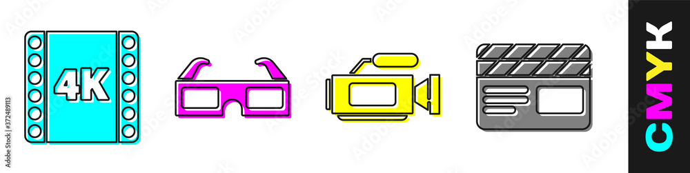 设置4k电影、磁带、相框、3D影院眼镜、影院摄像机和电影拍板图标。矢量。