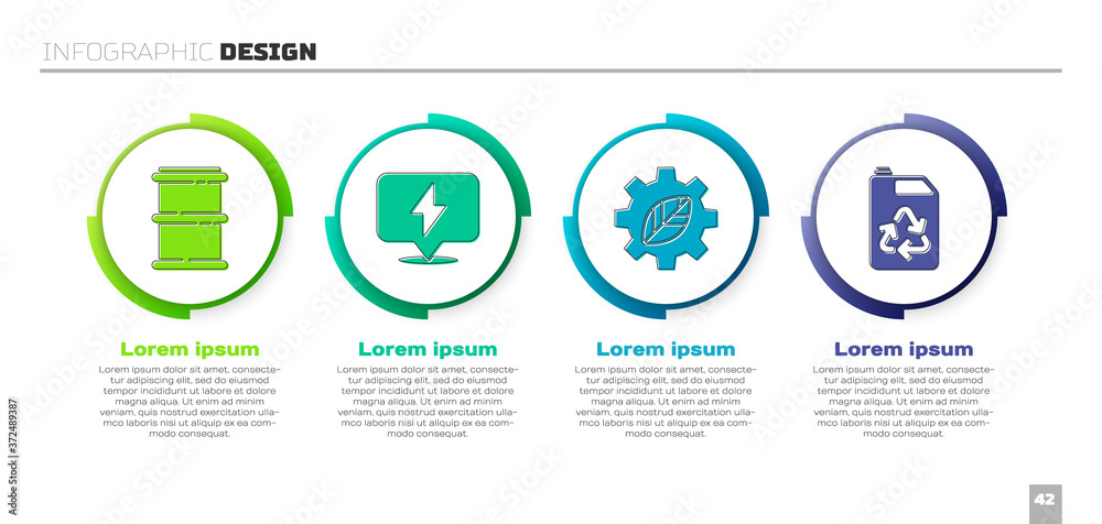 Set Barrel, Lightning bolt, Leaf plant in gear machine and Eco fuel canister. Business infographic t