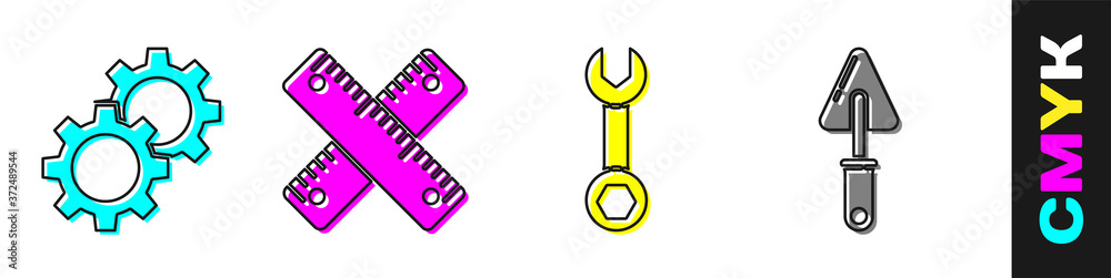设置齿轮、十字尺、扳手和镘刀图标。矢量。