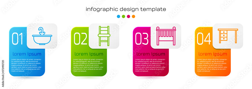 带水龙头的套装洗手盆、椅子、婴儿床摇篮床和办公桌。商业信息图