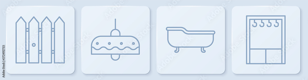 设线花园围栏木制，浴缸，吊灯和衣柜。白色方形按钮。矢量。