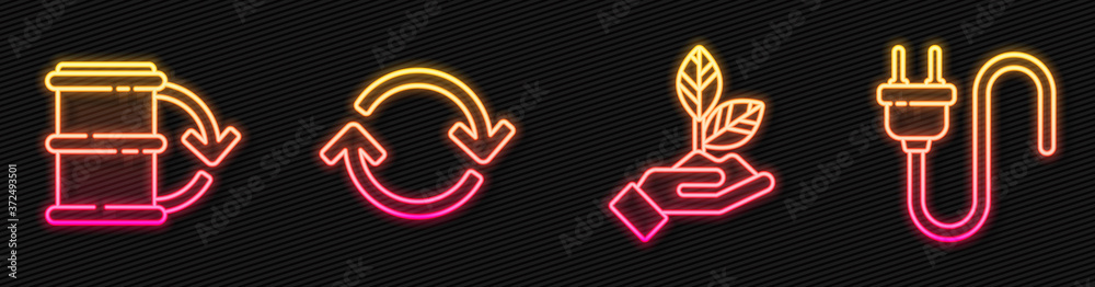 Set line Plant in hand，Eco fuel barrel，Refresh and Electric plug。Glowing neon icon。Vector（手持装置，环保燃料桶