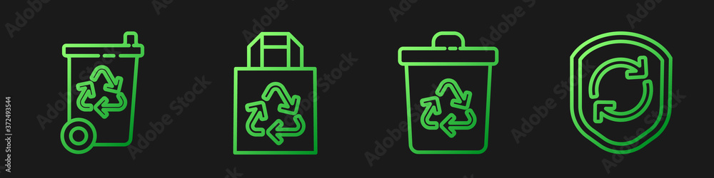 Set line Recycle bin with recycle, Paper bag with recycle and Recycle symbol inside shield. Gradient