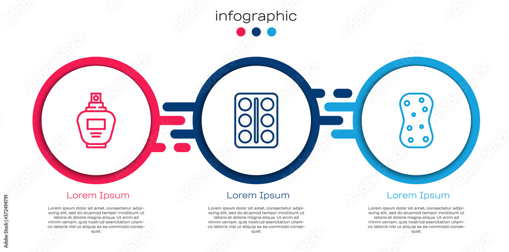 Set line Perfume, Eye shadow palette and Sponge with bubbles. Business infographic template. Vector.