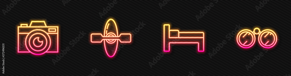 Set line Bed, Photo camera, Kayak or canoe and Binoculars. Glowing neon icon. Vector.