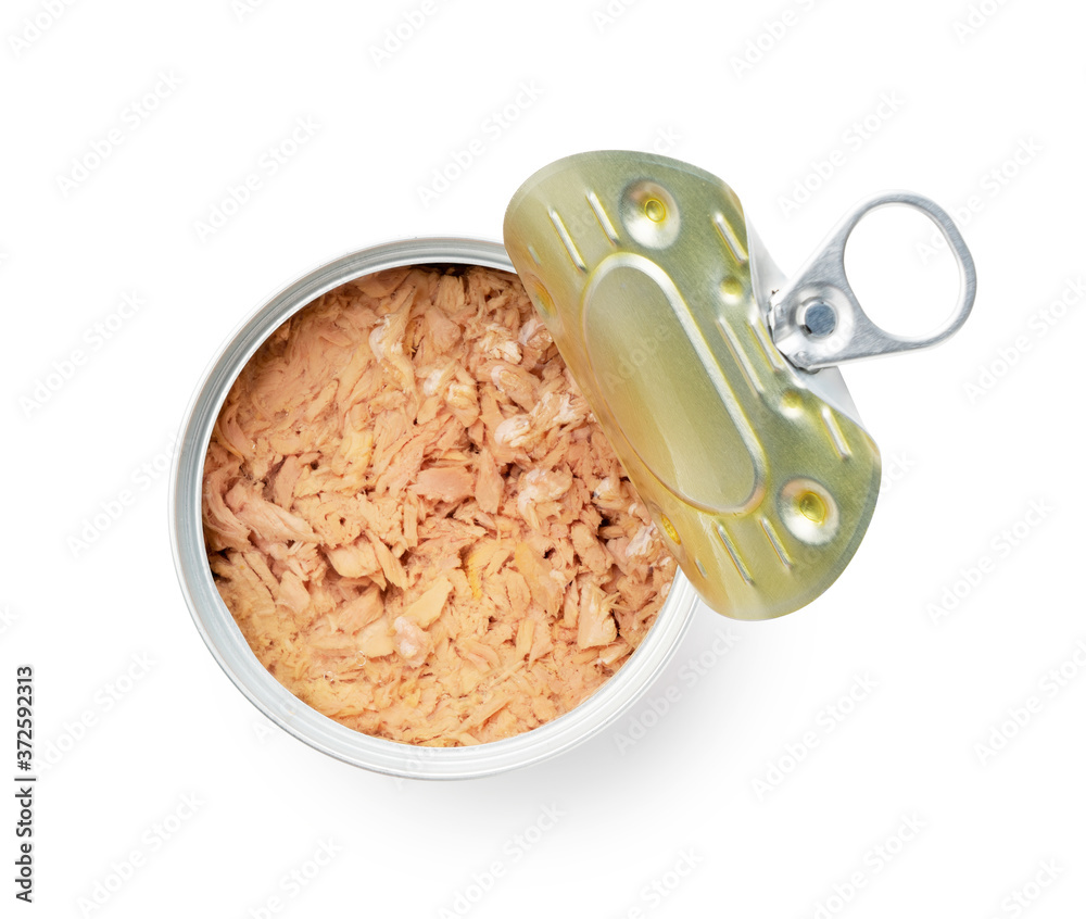 Canned tuna on a white background