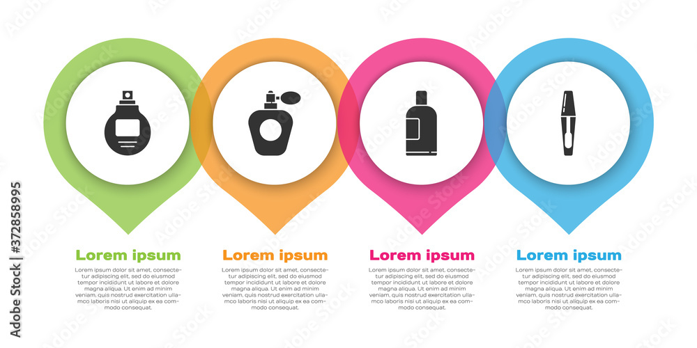 设置香水、香水、洗发水瓶和睫毛刷。商业信息图模板。矢量。