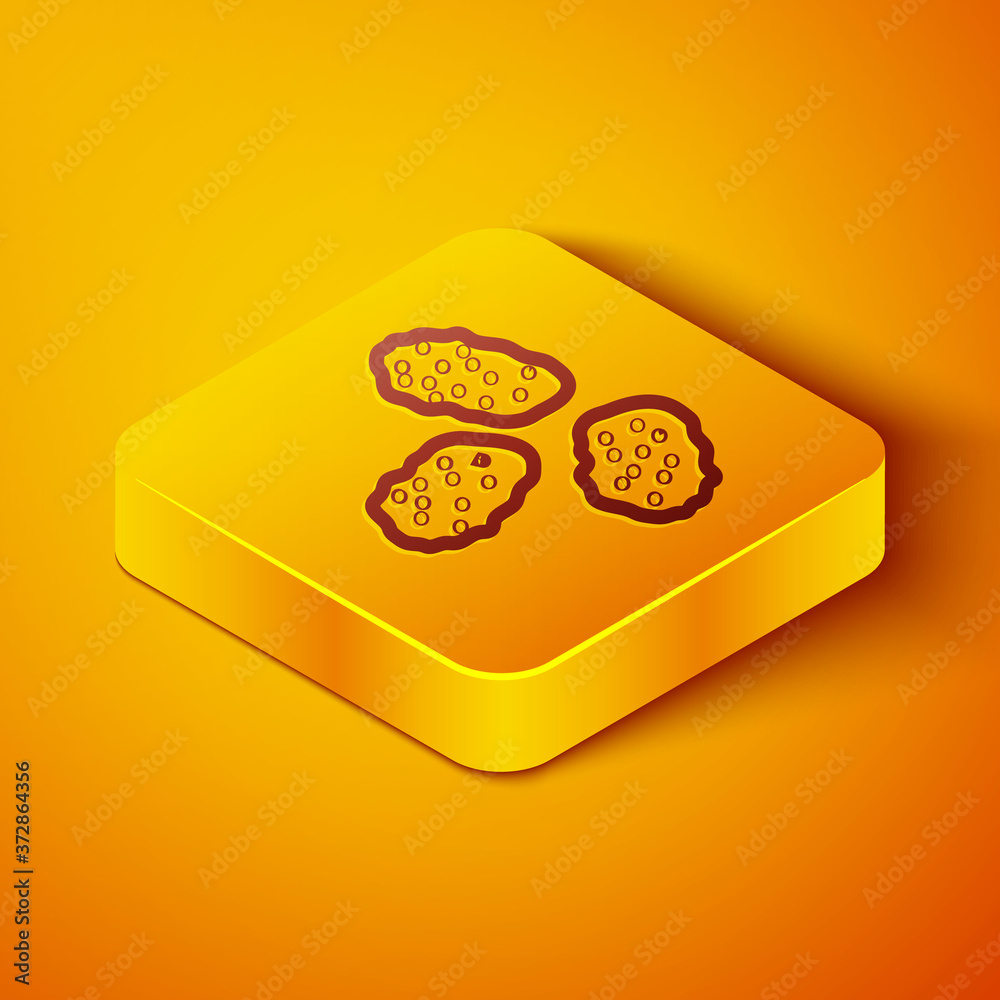 Isometric line Chicken nuggets icon isolated on orange background. Yellow square button. Vector Illu