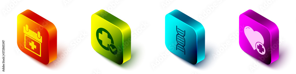 Set Isometric Doctor appointment, Cross hospital medical, DNA symbol and Heart with a cross icon. Ve