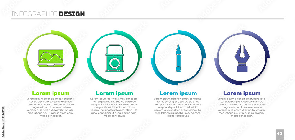 设置笔记本电脑、油漆桶、绘图用蜡笔和Fountain笔尖。商业信息图模板