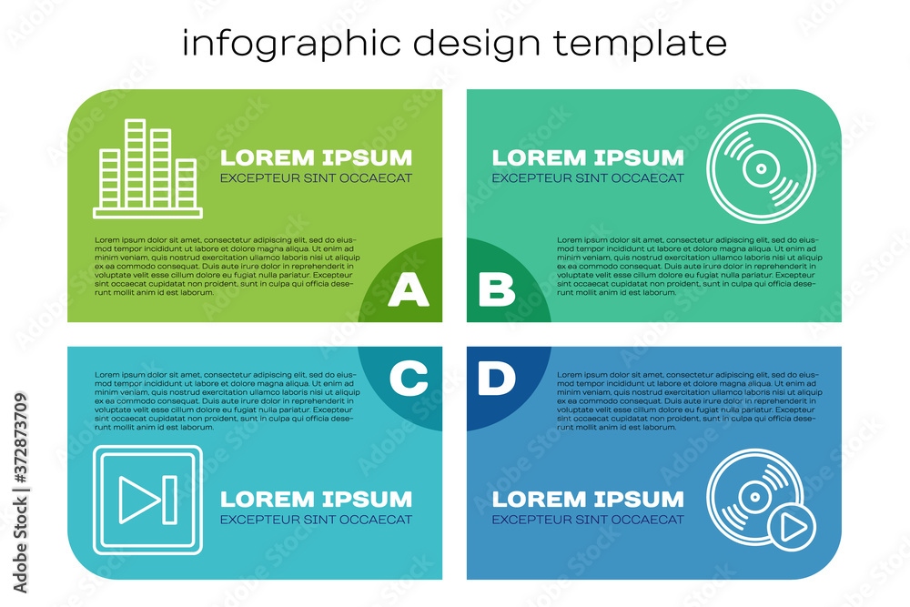 设置线快进，音乐均衡器，乙烯基磁盘和乙烯基磁盘。商业信息图模板。Ve