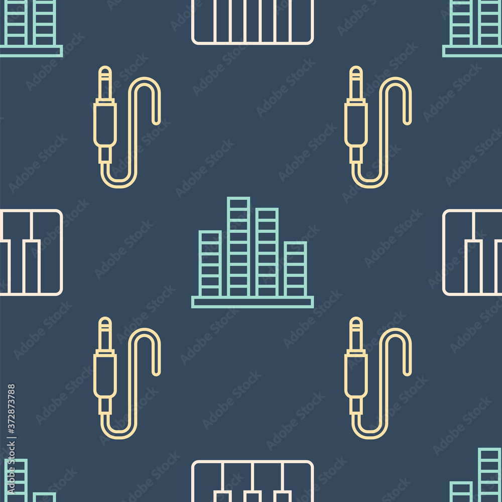 Set line Music synthesizer, Audio jack and Music equalizer on seamless pattern. Vector.