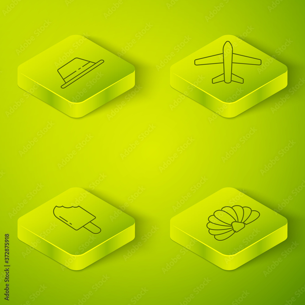 Set Isometric Plane, Ice cream, Scallop sea shell and Man hat with ribbon icon. Vector.