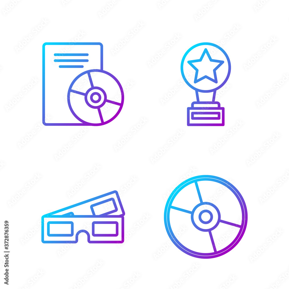 Set line CD or DVD disk, 3D cinema glasses, CD or DVD disk and Movie trophy. Gradient color icons. V