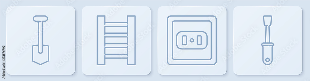 设置线铲，电源插座，木制楼梯和螺丝刀。白色方形按钮。矢量。