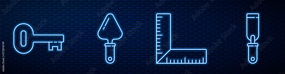 设置线条角尺、旧钥匙、Trowel和Rasp金属锉。砖墙上闪闪发光的霓虹灯图标。矢量。