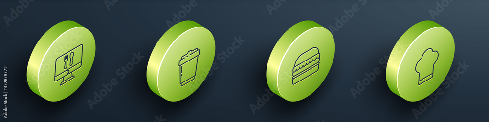 Set Isometric Online ordering and delivery, Coffee cup to go, Burger and Chef hat icon. Vector.